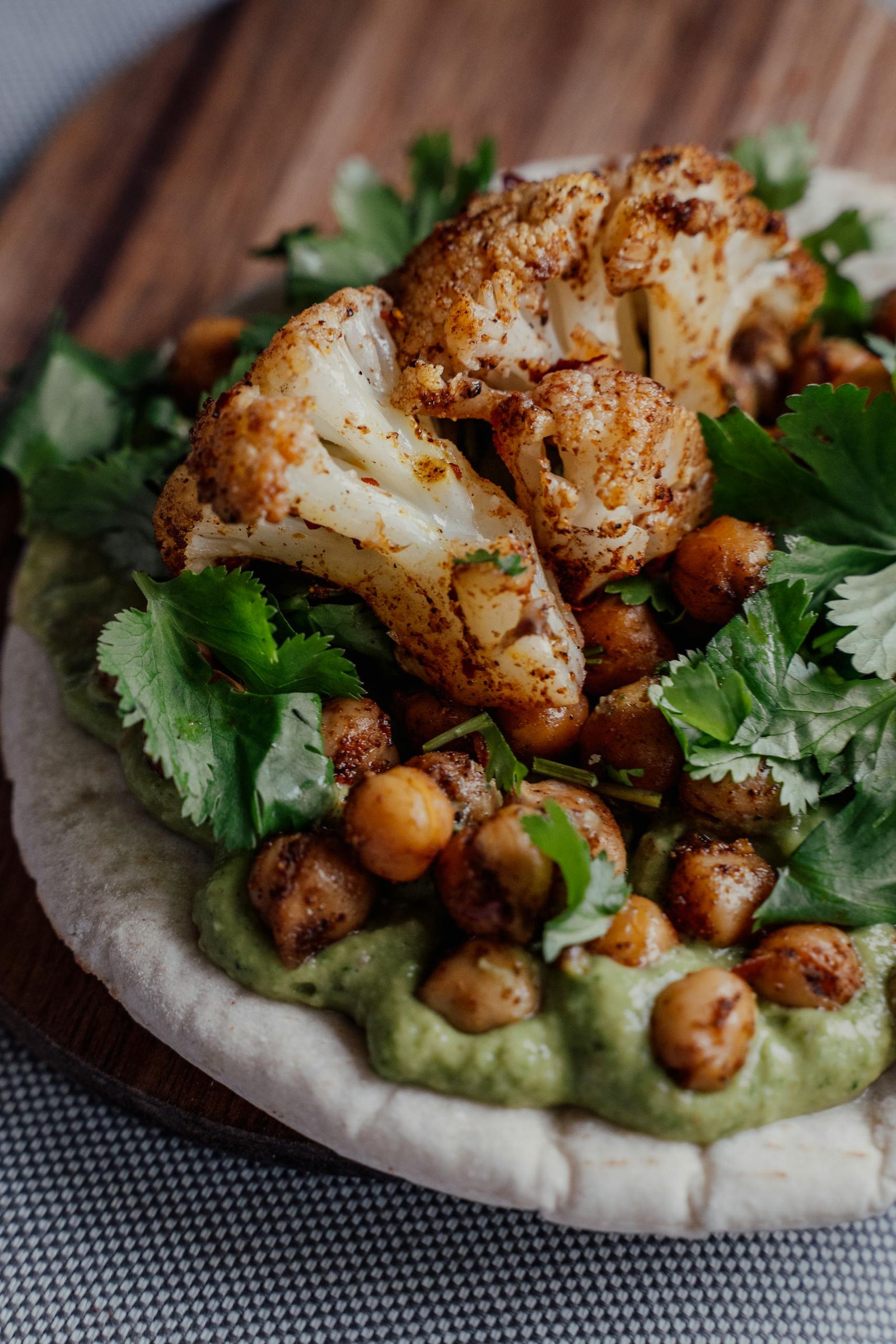 Close-up of Roasted Cauliflower and Chickpeas Pita