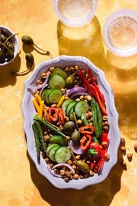 Overhead Shot of Roasted Vegetables and Chickpeas